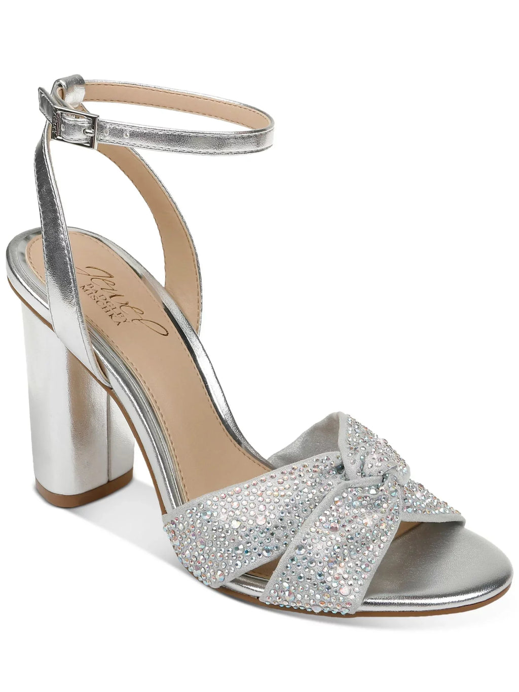 Silver Toe Nicoline outfit Womens 7.5 Heeled MISCHKA JEWEL Buckle Heel Sandal Metallic Adjustable Round Strap Ankle Block Twisted Strap Padded M BADGLEY Rhinestone Strap