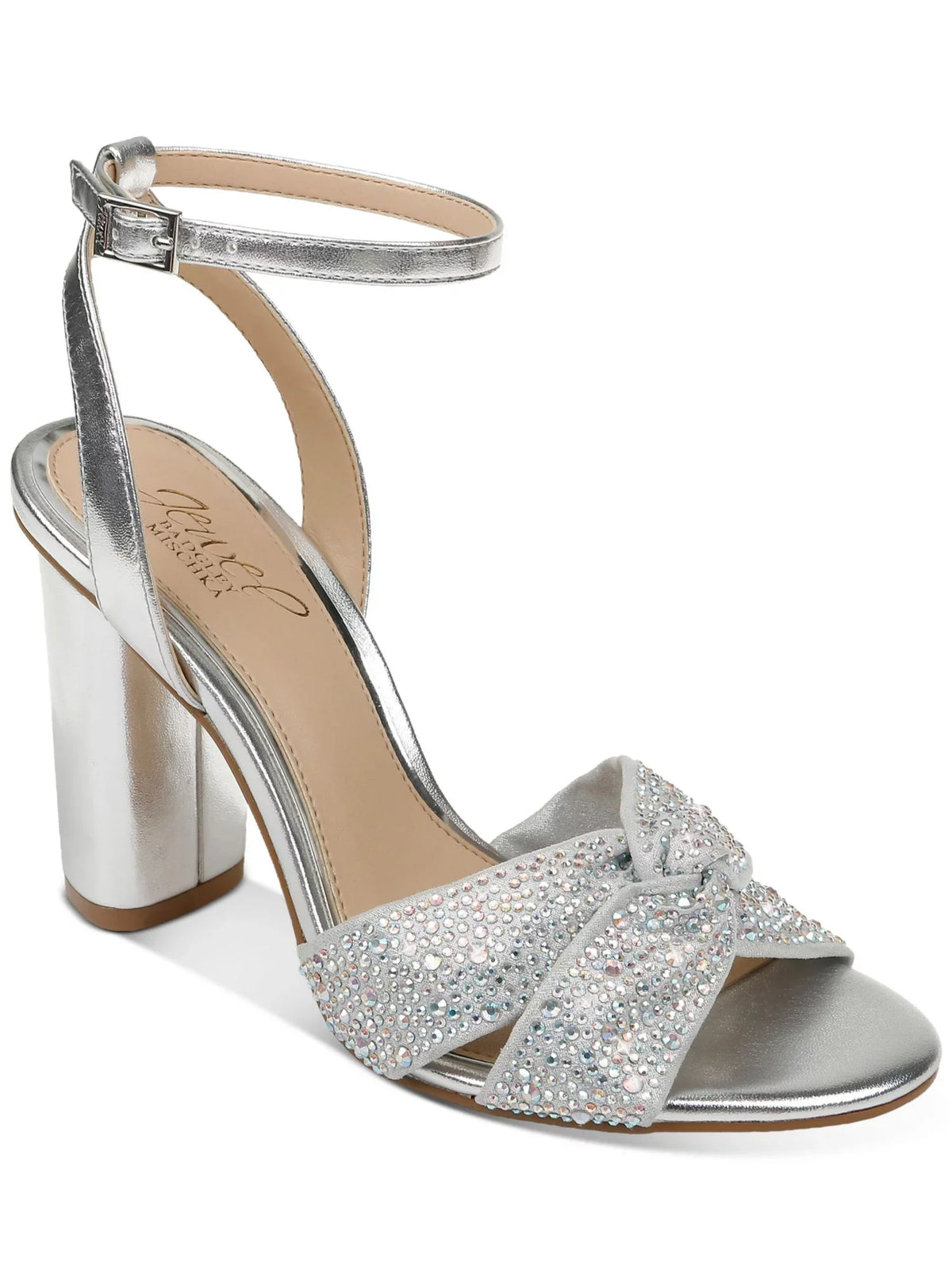 Silver Toe Nicoline outfit Womens 7.5 Heeled MISCHKA JEWEL Buckle Heel Sandal Metallic Adjustable Round Strap Ankle Block Twisted Strap Padded M BADGLEY Rhinestone Strap