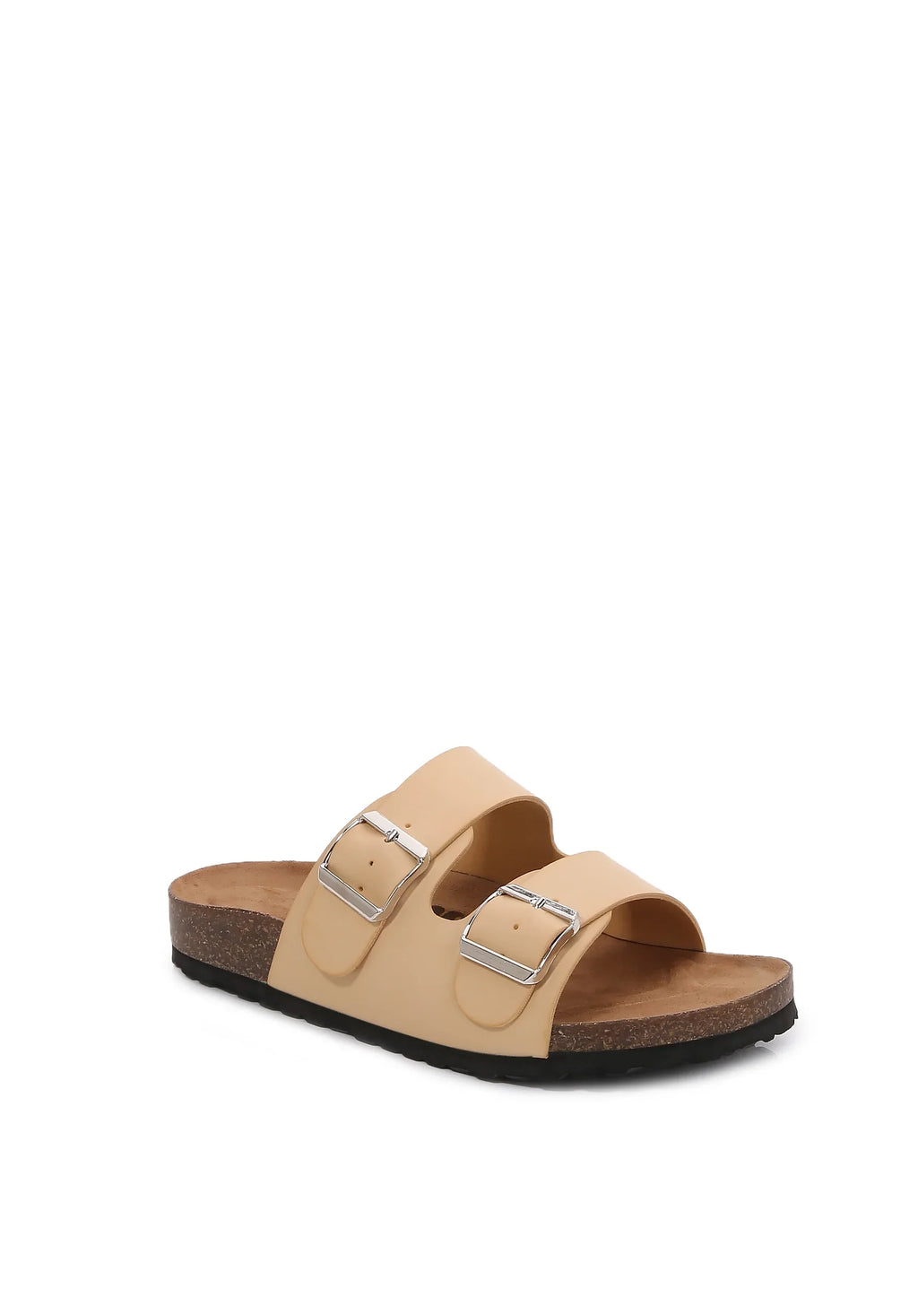 6) (PU Leather Women Cork Footbed Soft Apricot/ Cushioned Strap Double Slider Sandal PU