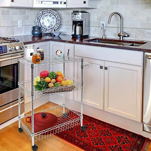for Organization | Mesh Storage and Silver Storage 3-Tier Wire and | Handle Metal Kitchen Cart Multi-Function Rolling with Heavy-Duty Wheels Mount-It! Cart Trolley |