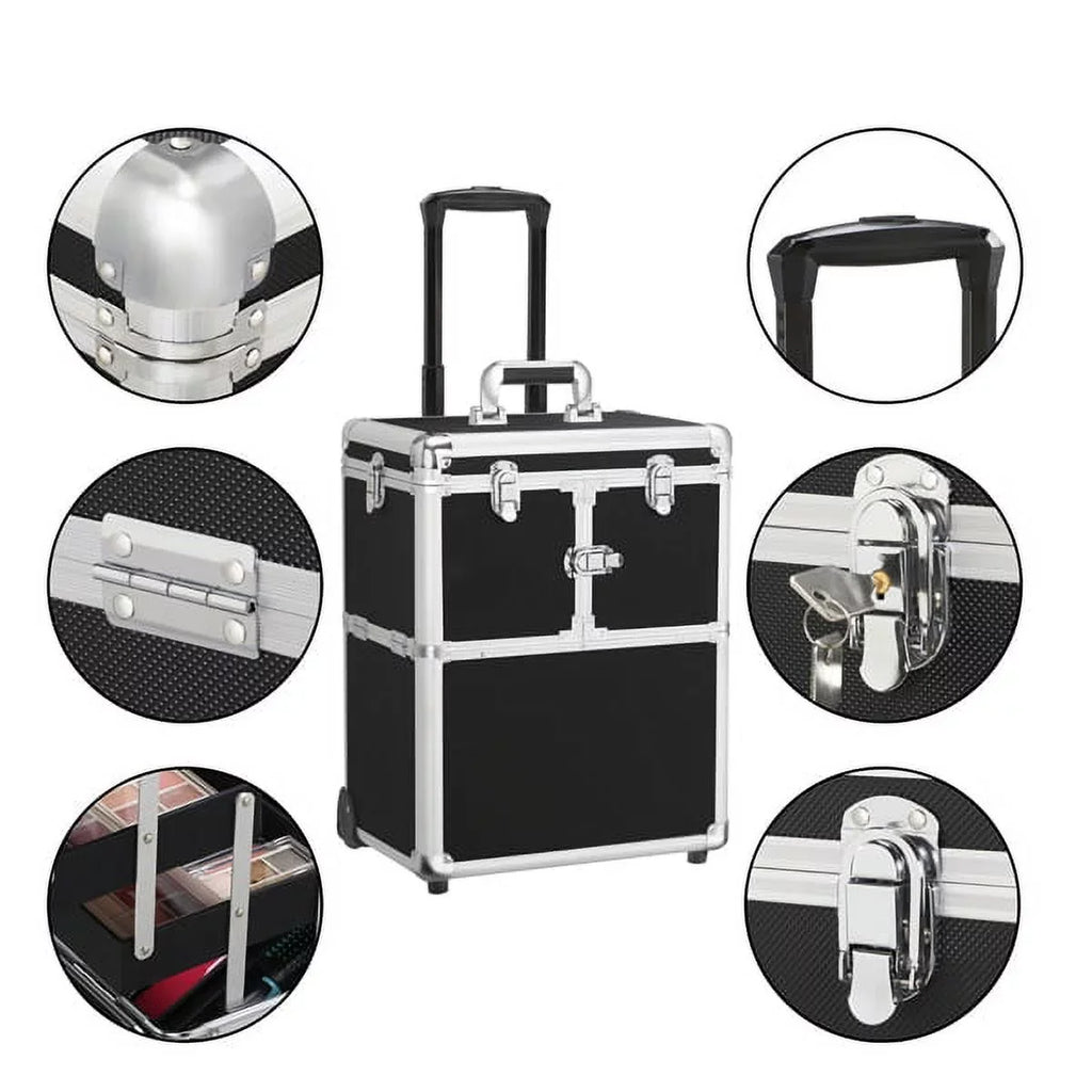 Alden Wheels, Design Mirror, Trays, & Makeup Black Case with Trolley Retractable Rolling