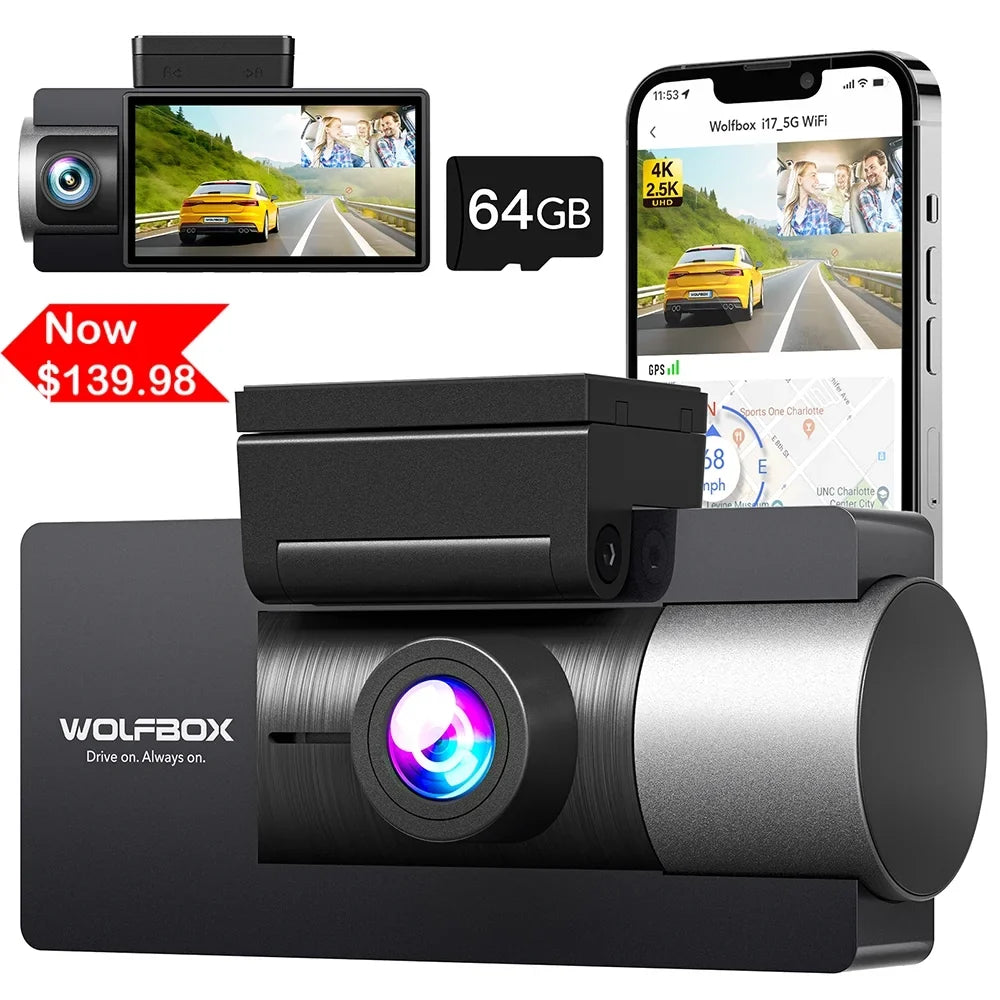 WiFi Night Cam 4K+2.5K Dash 3" UHD Super LCD Car GPS, Built-in Camera Vision, Rear, with and Front 4K Cam Dash IR WOLFBOX 64GB Dual 5G Vehicle Camera Card, Dash with