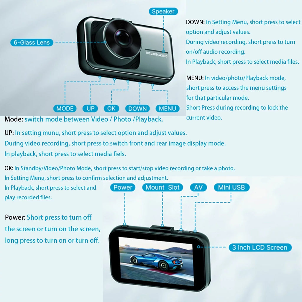 with Dash Car Parking Rear Camera 3" Front 4K+1080P 256GB and Cars, for Support Dual Cam Cam Monitor, Dash Dash