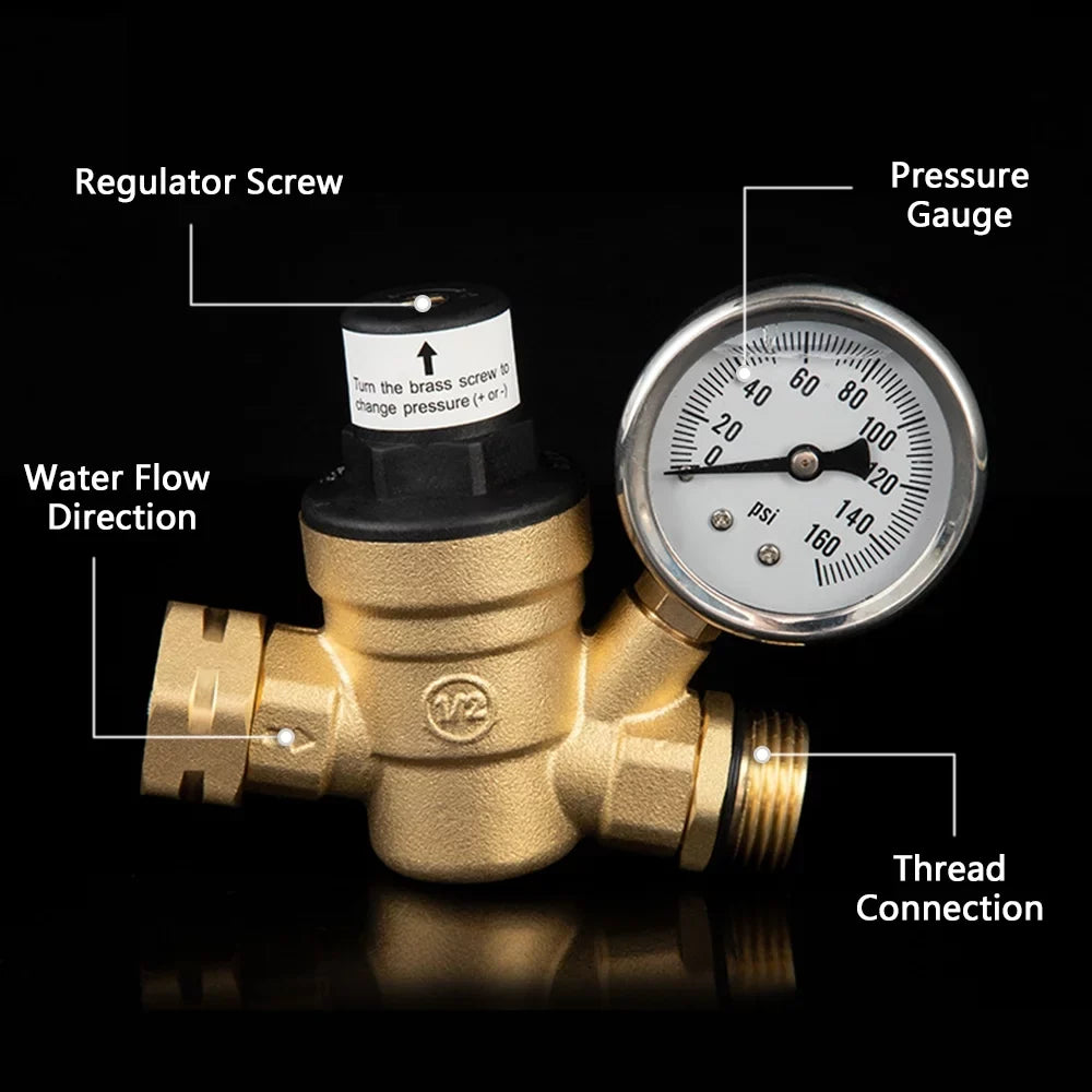Inlet and liquid and Brass, Travel - with Trailers 0-160PSI Regulator for Gauge Filter, Valve Ideal RV Screened Adjustable Pressure Lead-Free
