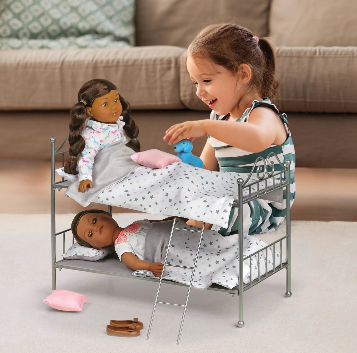 Bed - Metal Dolls Ladder, Bunk Scrollwork Basket inch Silver/Pink 18 Badger for with Bedding