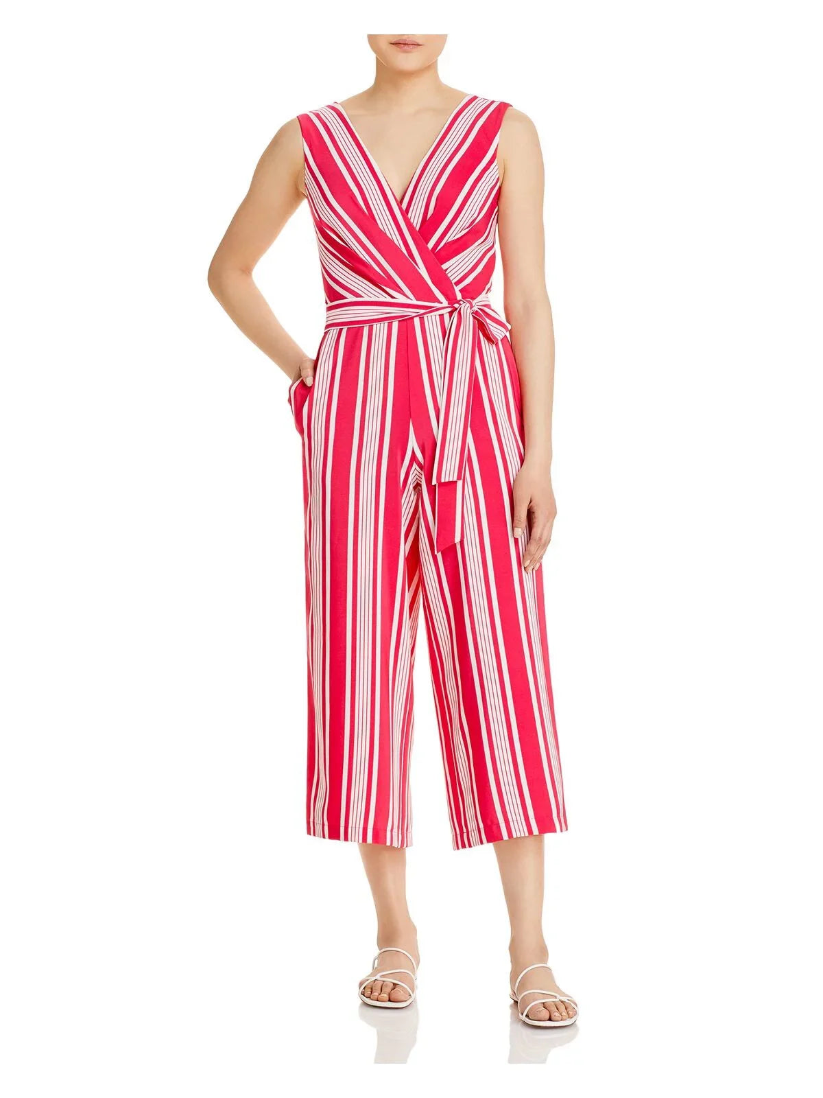 Striped Pocketed To 0 Pink Womens Jumpsuit KARL Sleeveless Work LAGERFELD Tie Leg Sash Wear Surplice Neckline Wide Self Zippered