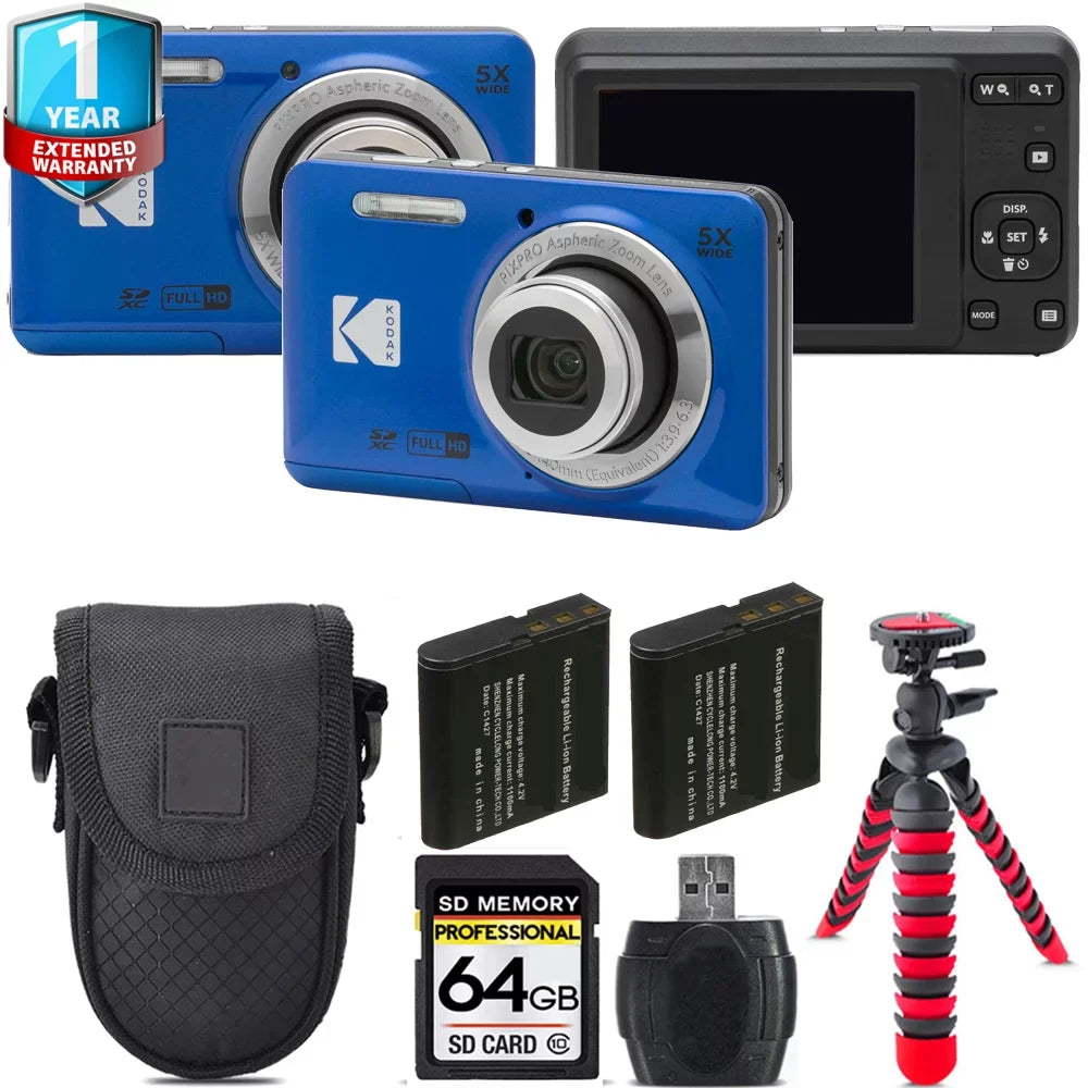 Camera 1 PIXPRO Digital +Tripod -64GB Kodak Battery Warranty Yr Extra FZ55 Kit + + (Blue)