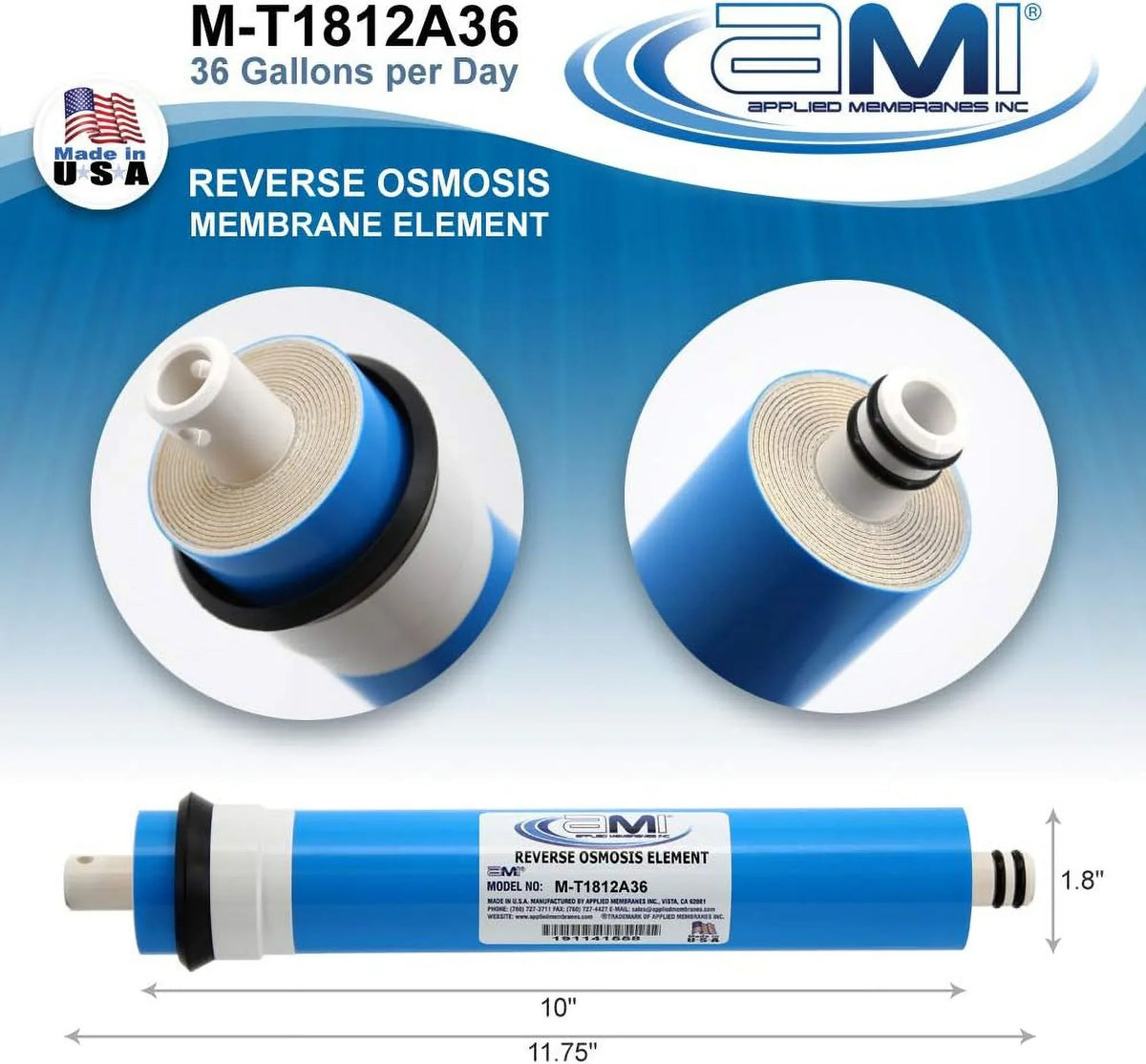1.8” USA System in Membrane Made 12” 36 GPD liquid Compatibility Osmosis M-T1812A36 Filtration Reverse Membrane Replacement Reverse Universal | | | MEMBRANES RO for INC. liquid APPLIED Osmosis Filter x