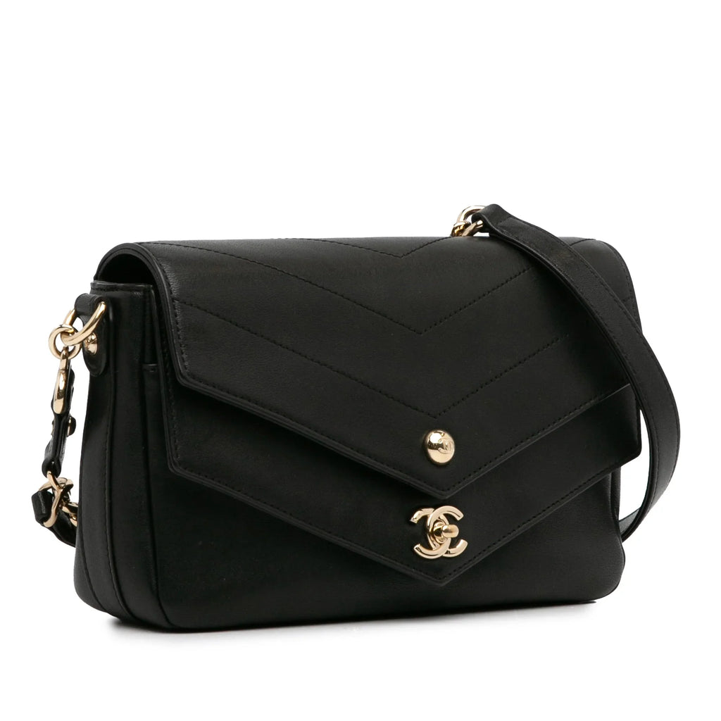 Calf Elaphe Double (Good) Unisex Leather Satchel Pre-Owned skin Chevron Authenticated Flap Black