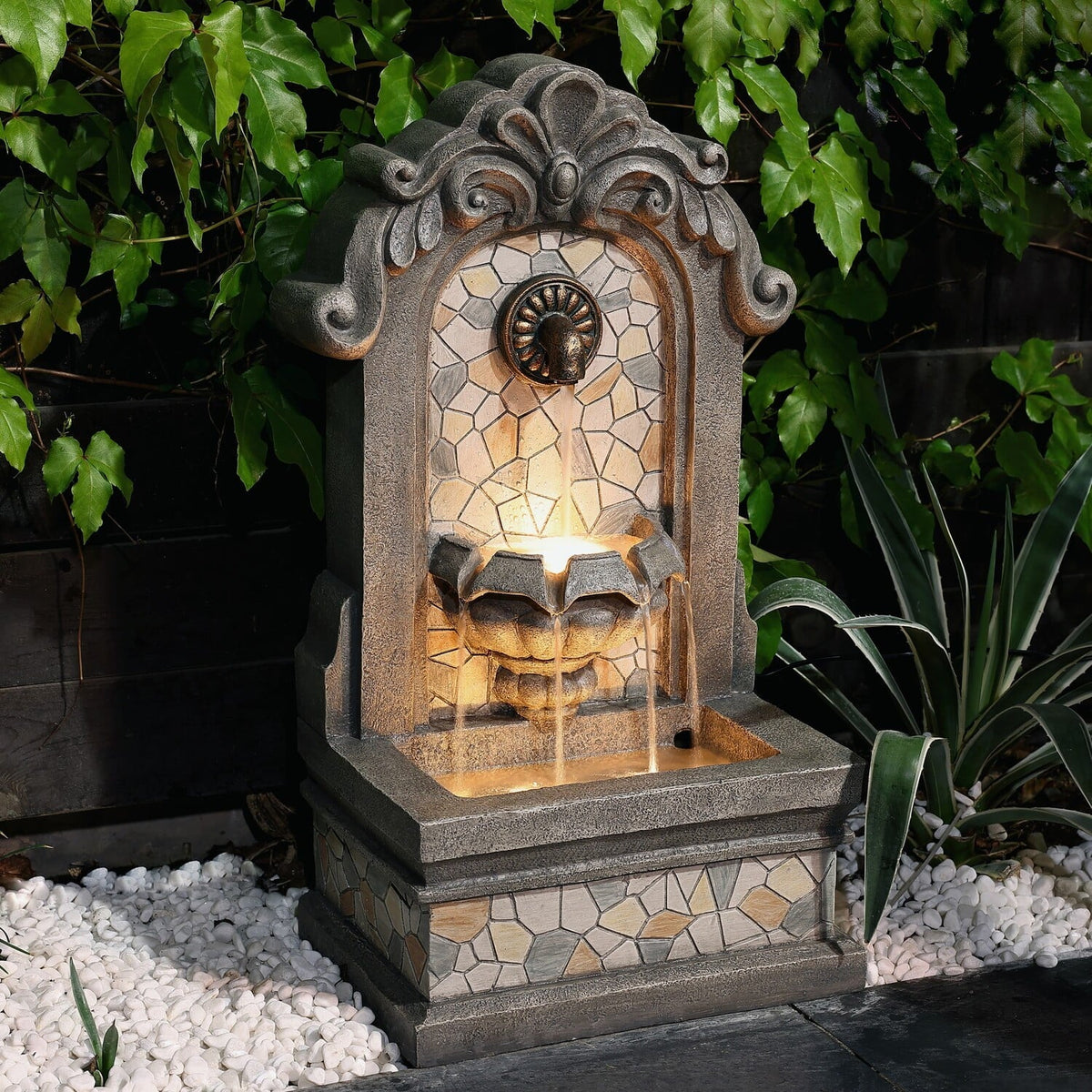 liquid H Lights Mosaic with Fountain Wall LuxenHome Freestanding Resin Gray 27" exterior