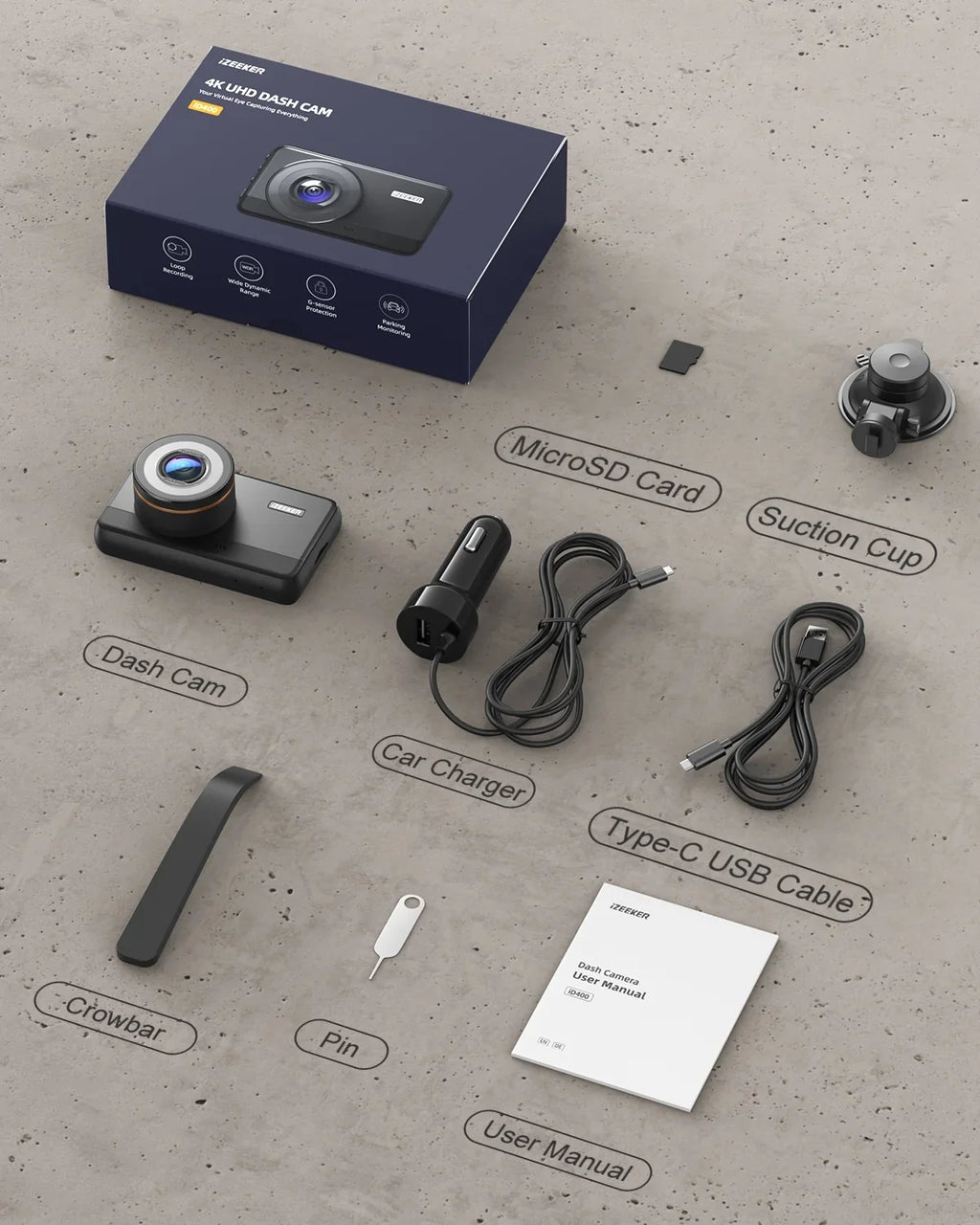 Front Card, Night 30FPS/1080P Super Cars, iZEEKER Vision, MicroSD Camera with 4K WDR, Dash Recording, Cam Parking with Emergency Dash Camera for 4K Car 60FPS Monitoring