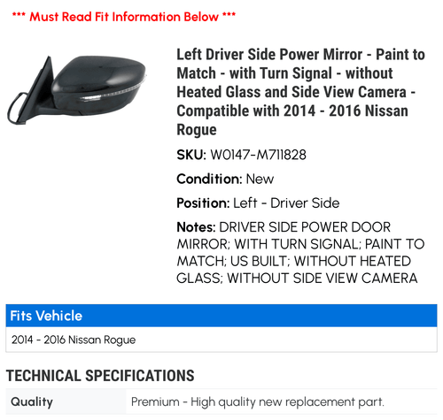 '- - with Driver View - 2016 and Left Nissan Rogue Paint 2014 Turn Heated Camera Match Signal to Compatible Mirror Side Side without 2015 - with Power Glass -