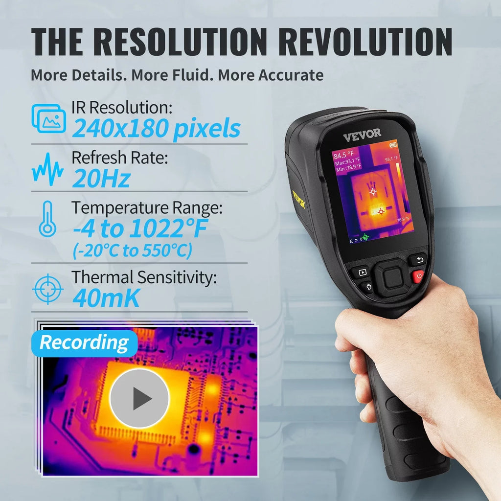 Imaging Range, Refresh 2MP Built-in 240x180 with Temperature 64G VEVOR Infrared Visual SD Resolution -4℉~1022℉ Camera, with Battery Card Rechargeable Thermal IR Camera, 20Hz Rate and Li-ion Camera