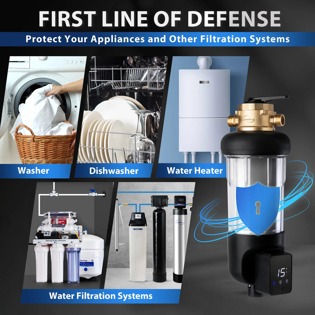 Microns Modes, dimension, Touch-Screen 500 Whole Bypass, 4 Flushable Reusable, Flushing, with House Spin-Down Auto and Prefilter, Filter iSpring Upgraded Housing, WSP500ARJ-BP Clear liquid Sediment Jumbo