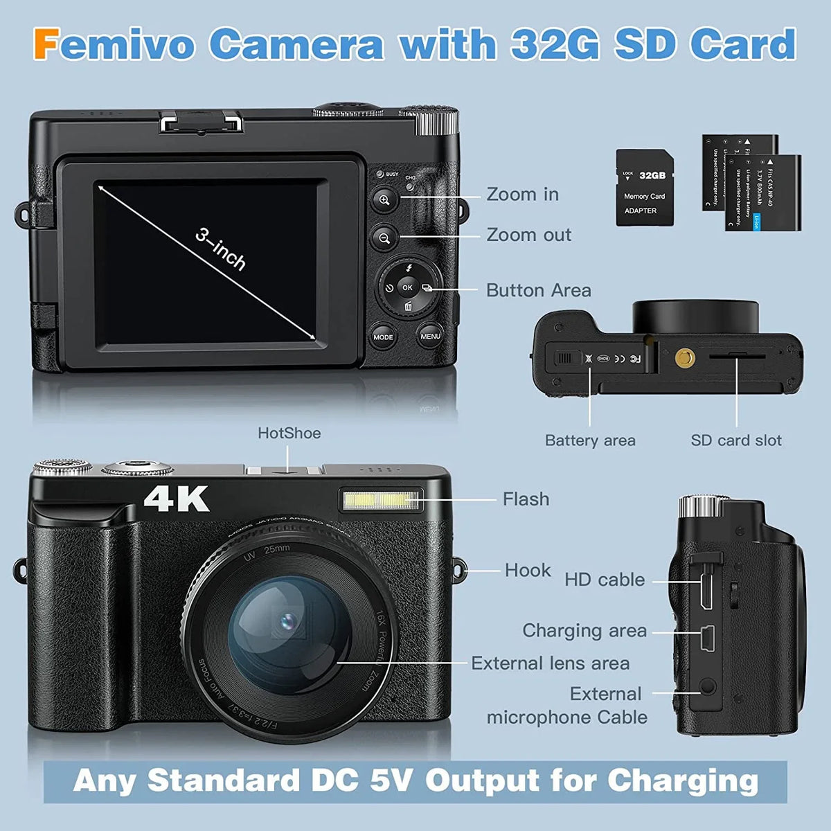 16X Autofocus Vlogging YouTube Video 48MP Camera Camera Digital 32GB for Card Cameras with Digital 4K Zoom Photography for