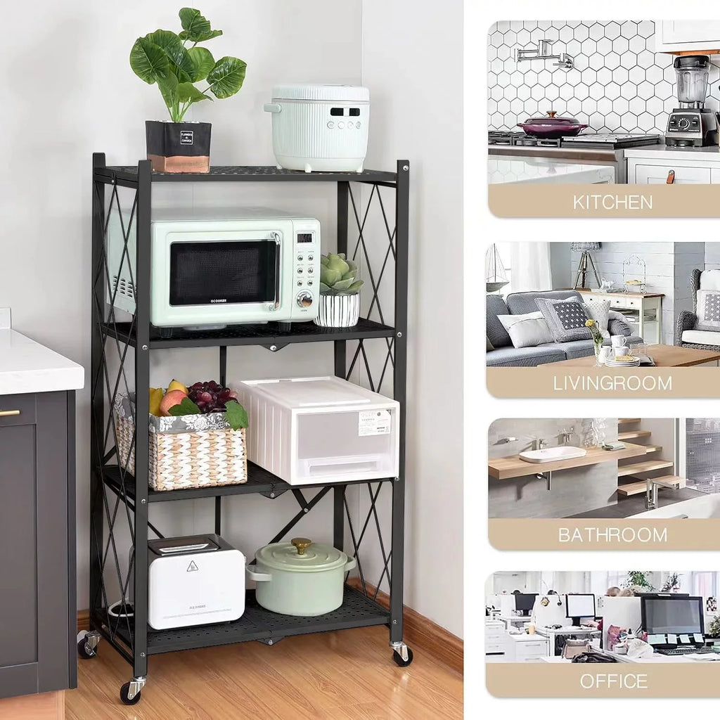 Shelf Metal Foldable 3 Black with Heavy Shelf, Hooks, Duty Storage SUGIFT Kitchen 4-Tier Shelf,