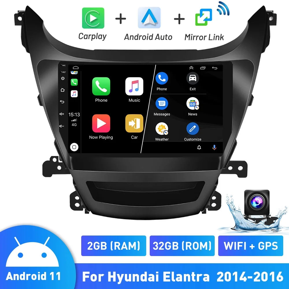 Auto Carplay Bluetooth Car 2014-2016 for 11 9'' Stereo System Radio Android FM Touchscreen Link Camera Backup GPS Elantra 2+32G Android Mirror Usb, Hyundai Hifi WIFI AHD Wireless Podofo