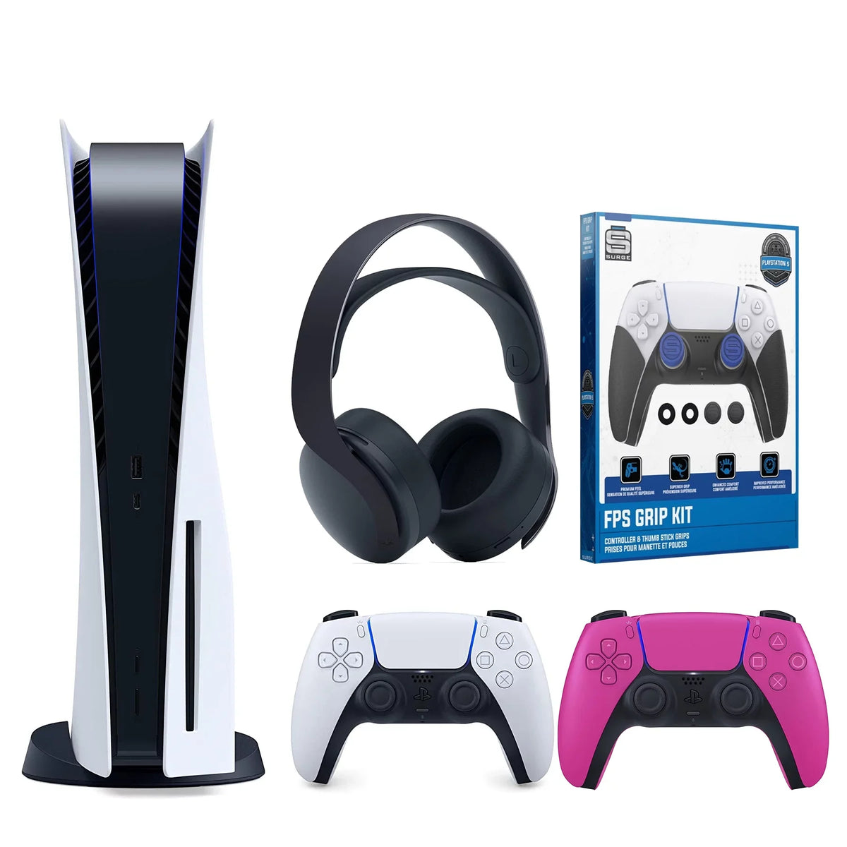Disc Pack PS5 Extra and Pink Nova Headset ( Playstation Grip Disc) with 3D Controller, Version Black PULSE 5 Control Bundle