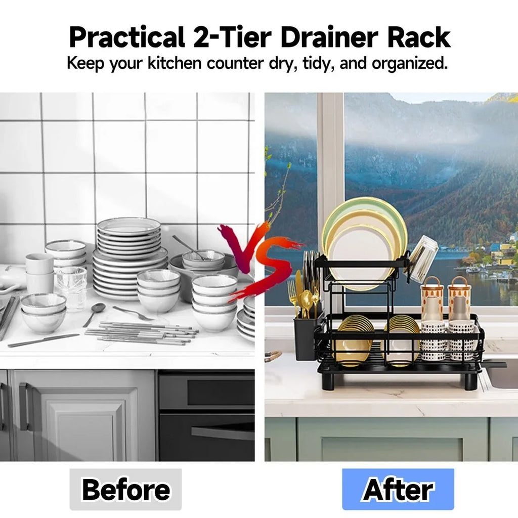 and Dish Counter, 2 Kitchen Steel Dish Detachable Drainer with Tier Kitchen Stainless Blac Dish Storage for and Organizers, with Dish Utensil Rack Dish Holder, Drying Rack Dishes Drainer Drainer, Rack