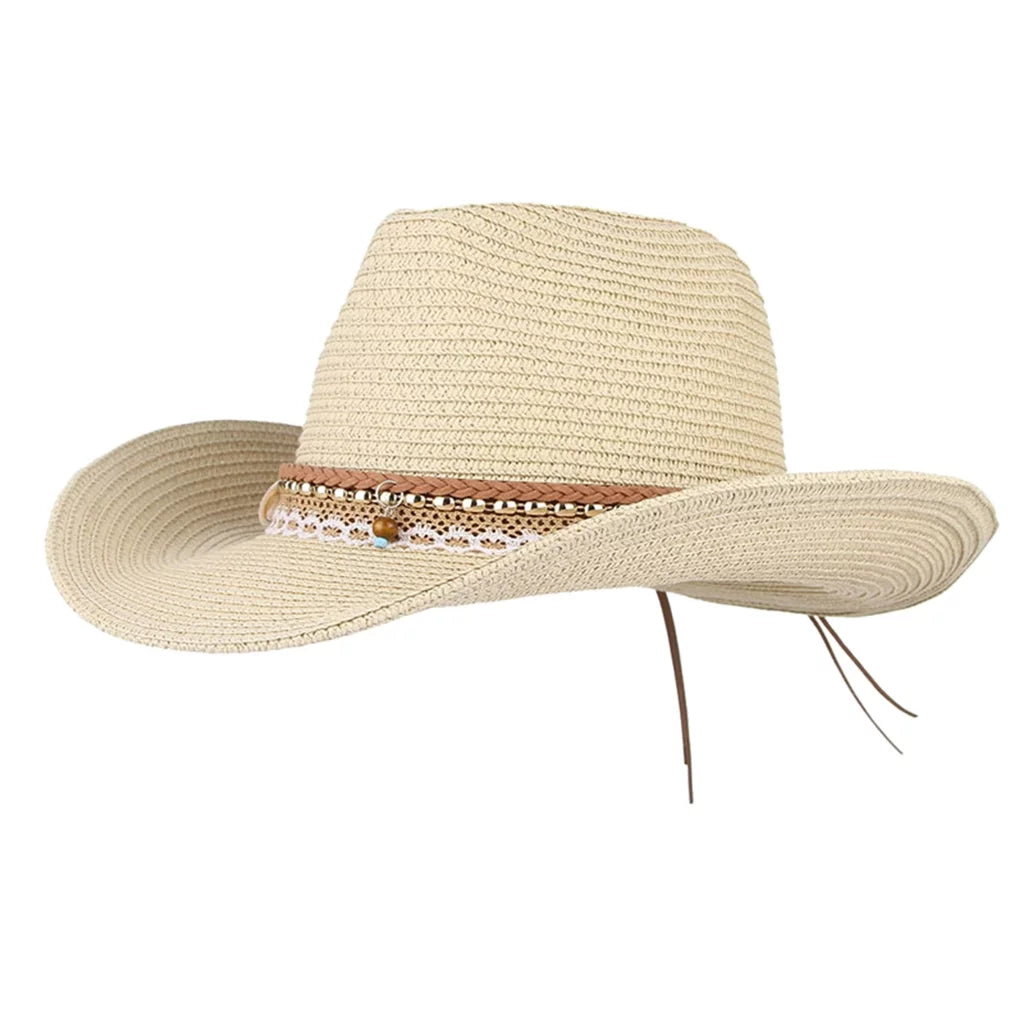 Cowboy Trilby Straw design Sun Western Floppy Beige Brim Big Packable Hat Women