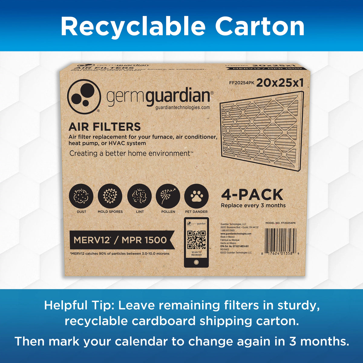 x 12 Filters x AC HVAC 25 Guardian (4-Pack) Furnace 1 MERV Air Pleated Germ 20