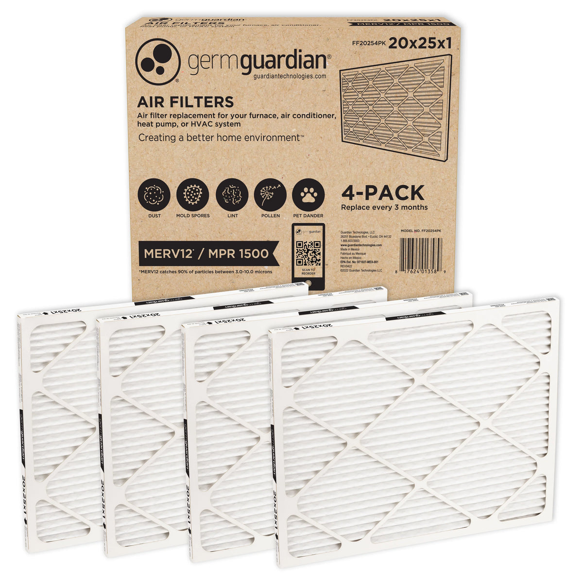x 12 Filters x AC HVAC 25 Guardian (4-Pack) Furnace 1 MERV Air Pleated Germ 20