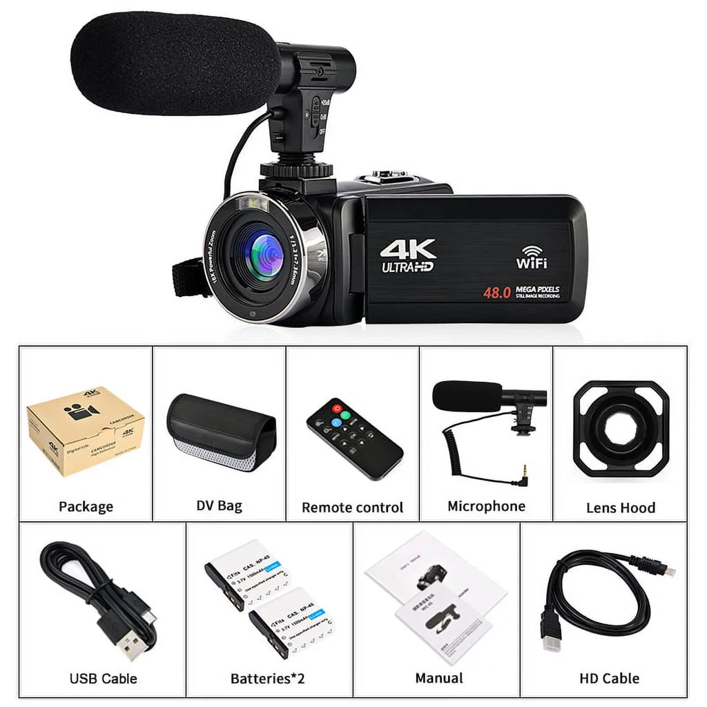 Touch Ultra Control Remote for & Microphone Camera 48MP Vlogging Camera 4K HD IPS with Video Youtube 3.0" Wifi Digital Camcorder Screen Camera