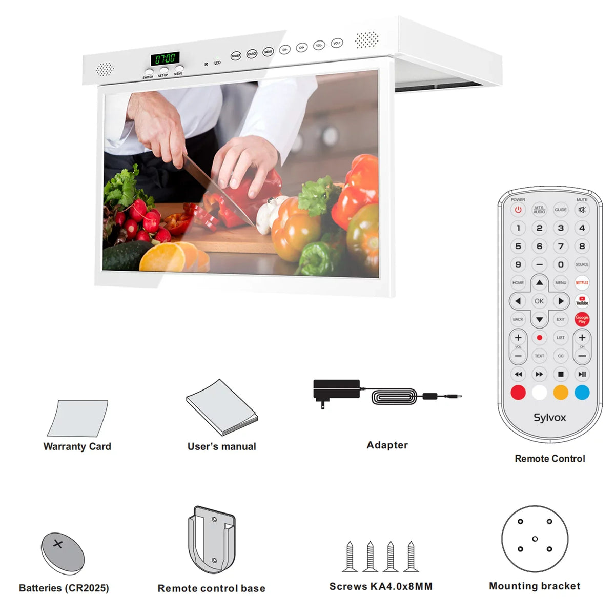 FHD Assistant inch SYLVOX Built-in Cabinet Support WiFi TV, Play, Android TV, Kitchen 1080P 15.6 Under Smart Smart TV Bluetooth
