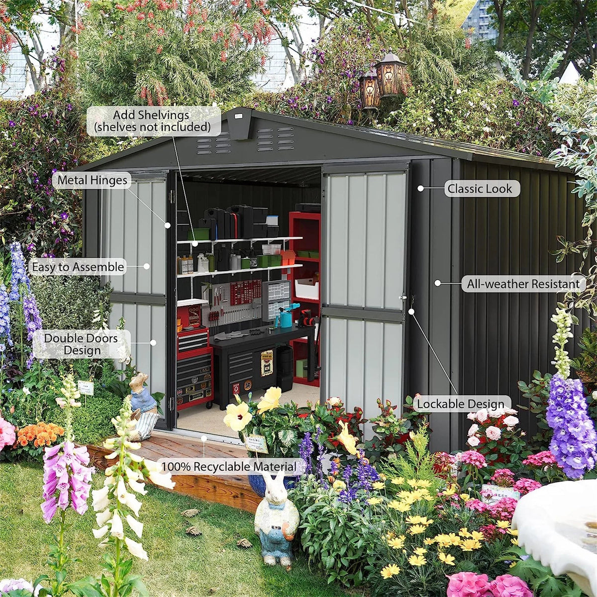 Storage 10'X Metal Shed for Patio, Tools, Backyard, Lockable Steel Cabinet Garden exterior Black) for Trash Lawn Storage Shed Galvanized CoSoTower Bike, 8', with Door exterior Can, (10X8ft,