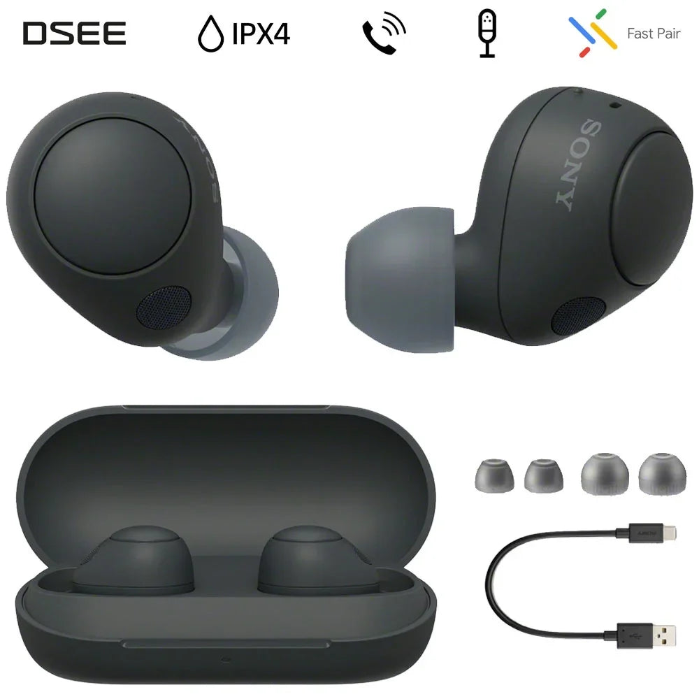 WF-C700N and Mic liquid Box IPX4 Earbud with Wireless Headphones Truly Bluetooth Resistance, in-Ear Noise Open Canceling Black