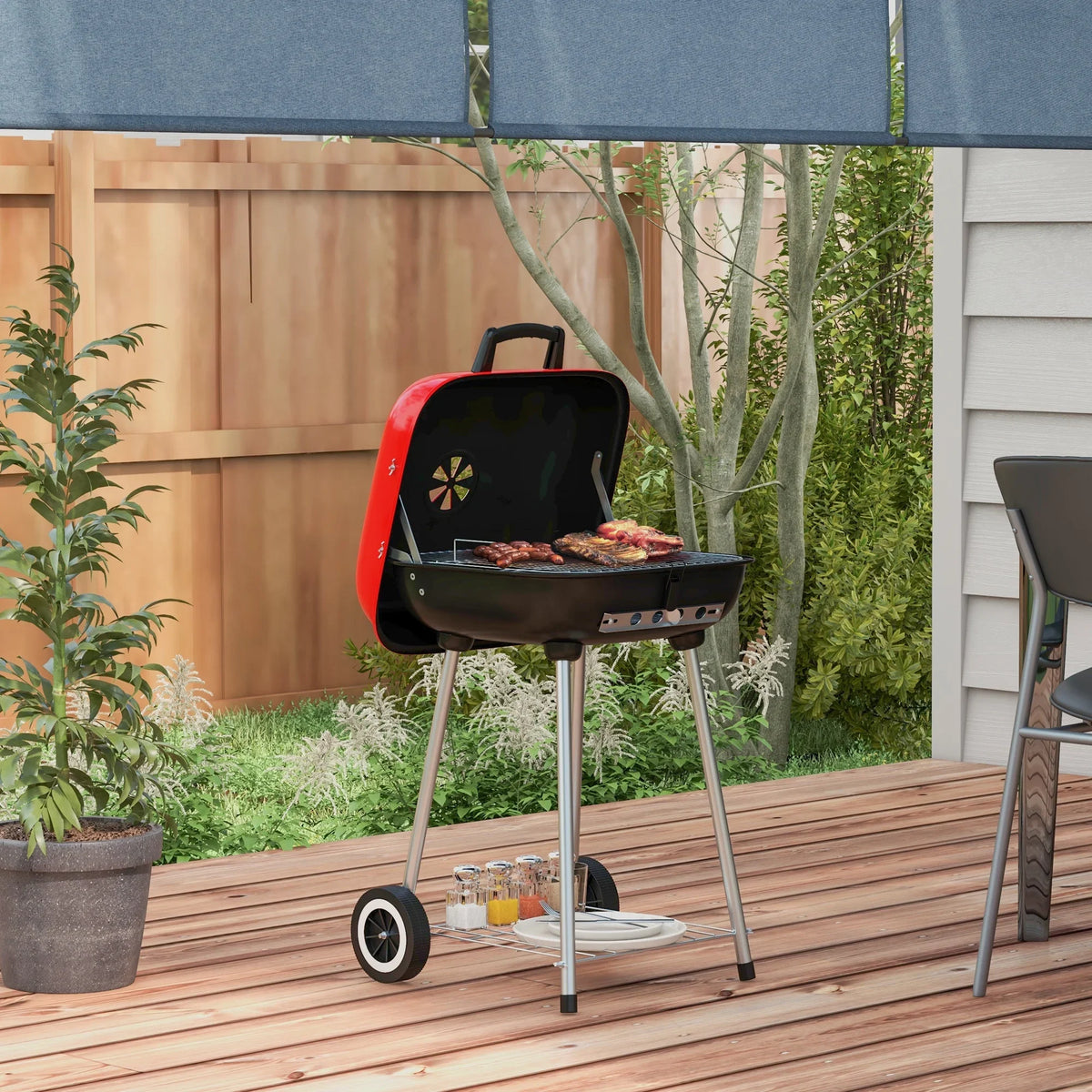 Outsunny Shelf Bottom Wheels Grill Red Portable Picnic, Charcoal for with