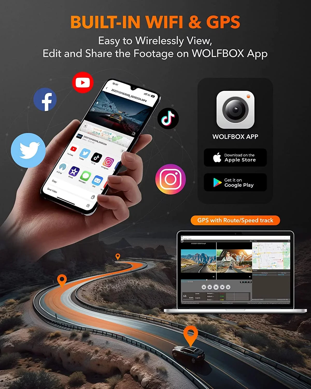 4K G-Sensor, WOLFBOX 3 Parking Vision, with Dash Loop WiFi&GPS, Channel, 3" Rear Monitor 24H Front and Recording, DashCam LCD IR Night Cam Super