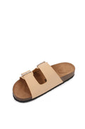 6) (PU Leather Women Cork Footbed Soft Apricot/ Cushioned Strap Double Slider Sandal PU