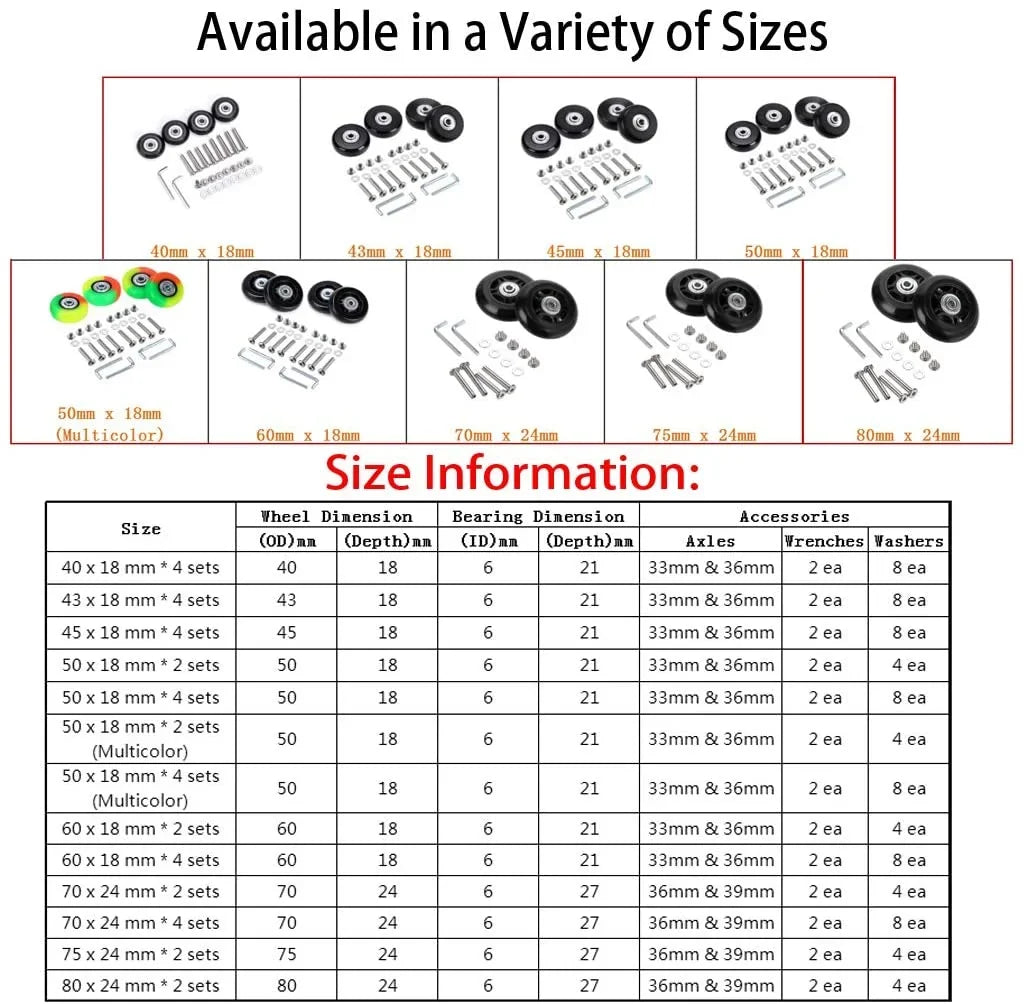 4 of Bearings Repair Kits x OwnMy 50 Wheels, Replacement Caster Wheels 18mm Rubber Suitcase Black Luggage Swivel Set