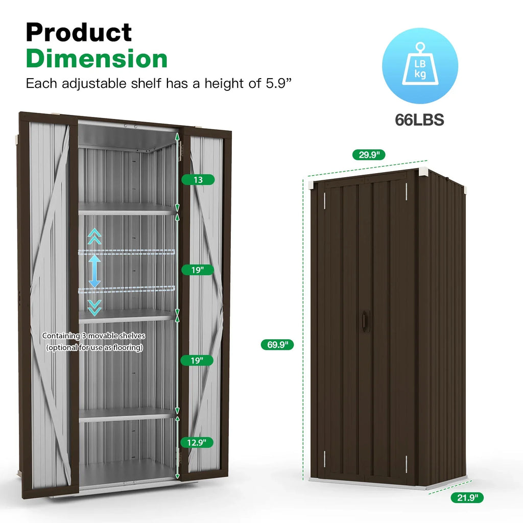 Organizer and in Storage for Metal Garden YODOLLA Shelves Cabinet with 70" exterior/ Indoor Shed Garage& Doors Brown Storage