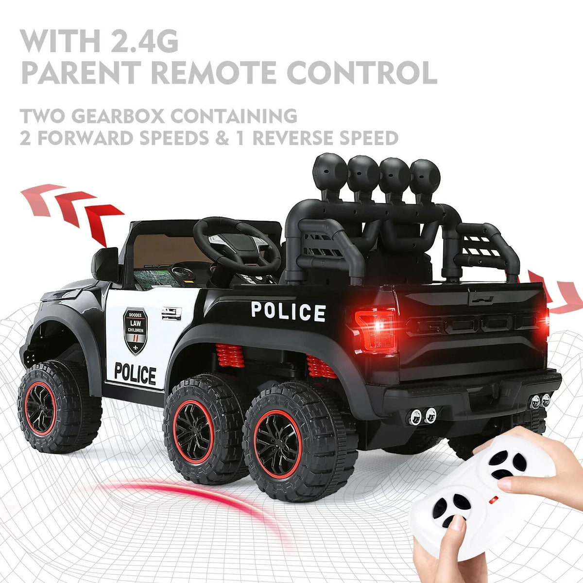 with 6 Toy 12V Ride on Control Kids Police (Black) Remote JOYLDIAS Car Wheels