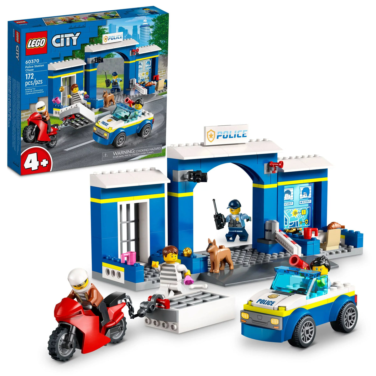 and Playset Motorbike, LEGO City with 60370, Station Plus 4 Dog Toy 4 Chase Toys Breakout Car Police Figure, Minifigures Old Jail, for Years Kids and