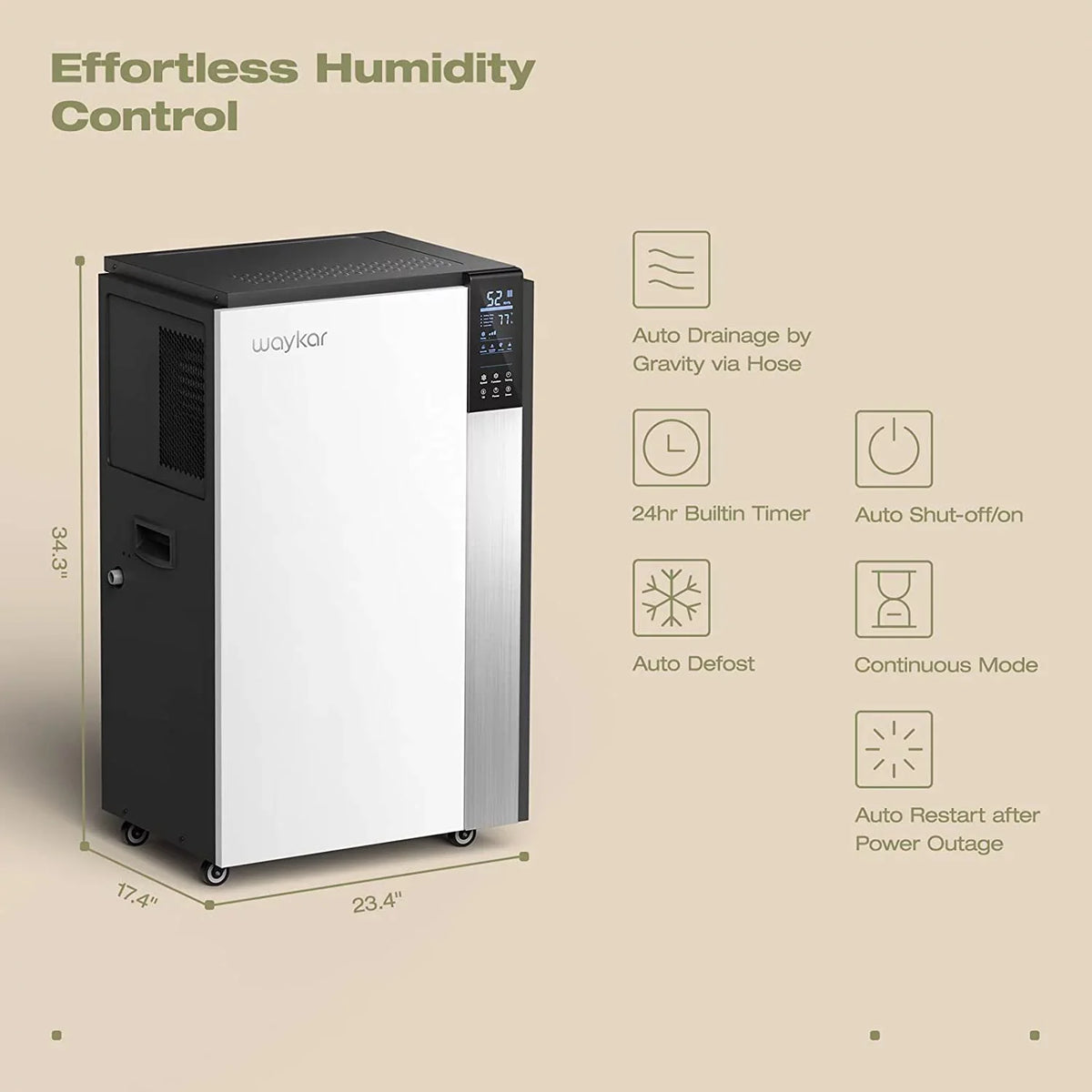 Commercial drain Memory Waykar for 296 Defrost, Industry Dehumidifier Auto Starting Damage Spaces, with Hose Portable, liquid Compact, Pint, Unit, Crawl Basements,