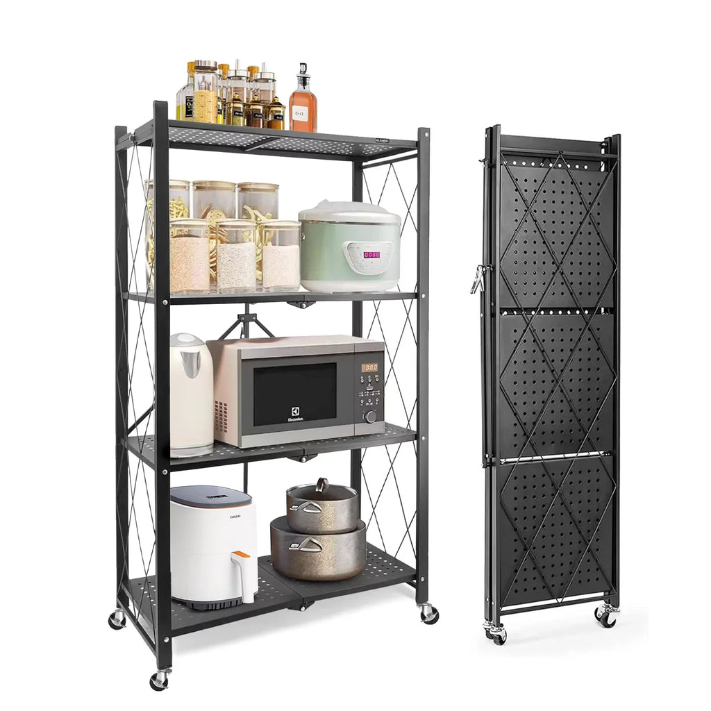Shelf Metal Foldable 3 Black with Heavy Shelf, Hooks, Duty Storage SUGIFT Kitchen 4-Tier Shelf,