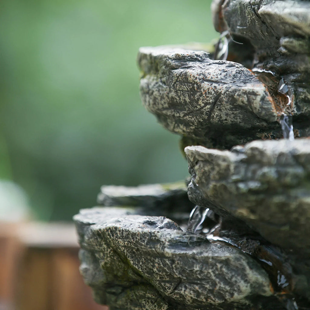 Polyresin 9x5x14" Tabletop Cascading Light Rock Fountain Indoor liquid LED with 7-tier Stone-Look Fountain, Gray