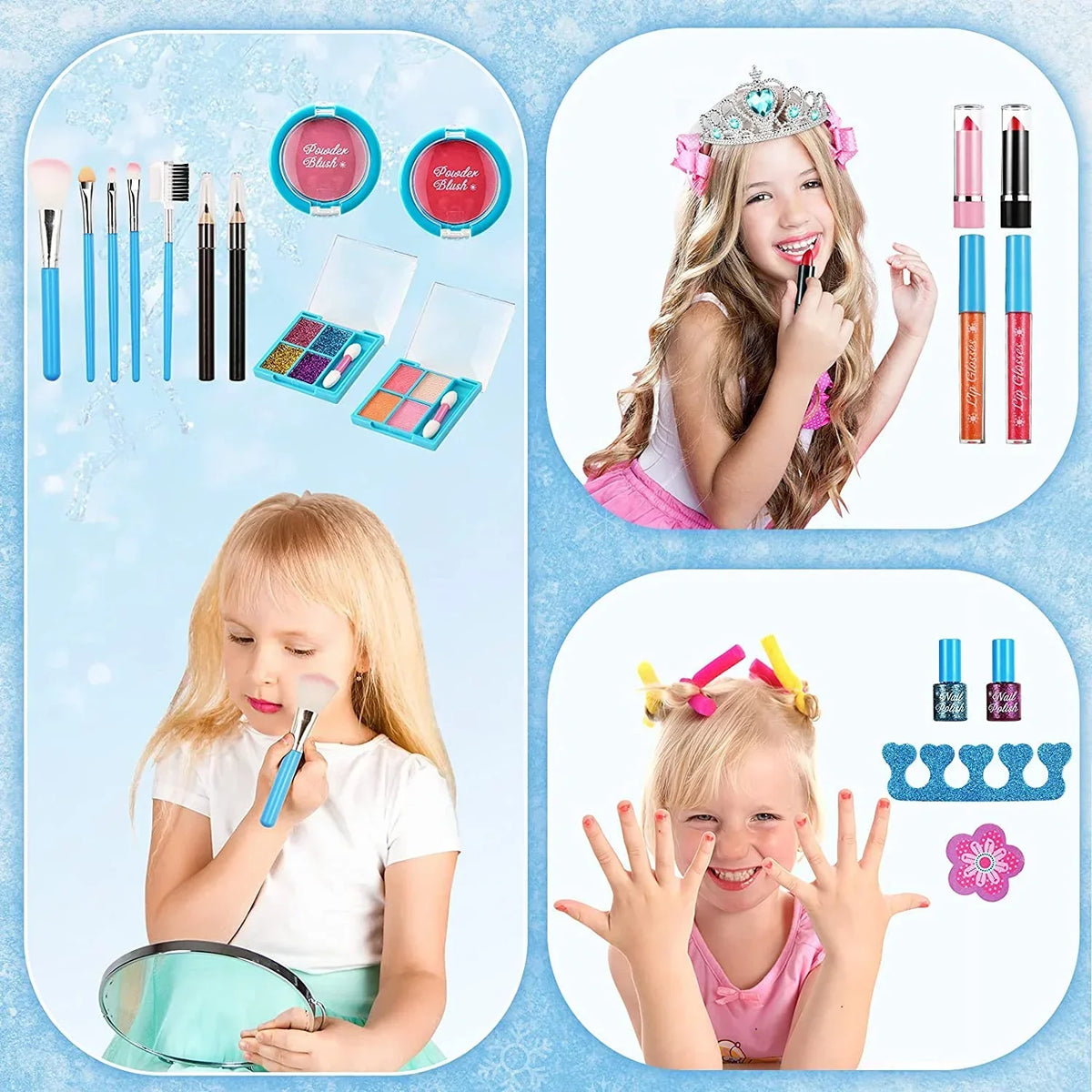 for Washable Pcs Toys Gift Frozen Princess, Makeup for Toddler Set for Real Makeup 24 Years Makeup Kit with Girls 3-12 Girls, Toy Kids Old Safe Makeup Non-Toxic Kit Set (Blue) & Kids Cosmetic Bag,