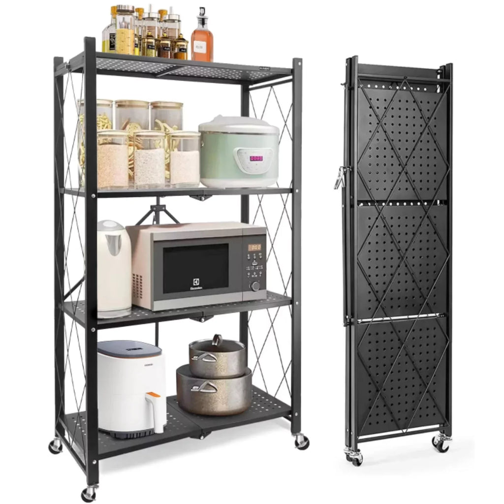 Rolling Shelving Unit Office Shelf Metal 4-Tier Room Black Books Decor Organizer, Foldable - with Kitchen Cart Closet Wheels Shelves, Pantry Storage - Storage for Collapsible Display, &