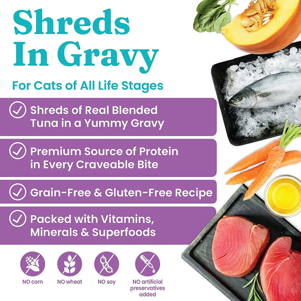 Cats for Shreds Grain Protein, Wet - Gold Real with - Amino Solid Gravy Superfood, Food - Gluten Canned Vitamins, Free with Gravy Shreds 16ct/6oz Acids & Can Fish Minerals Tuna in Cat - &