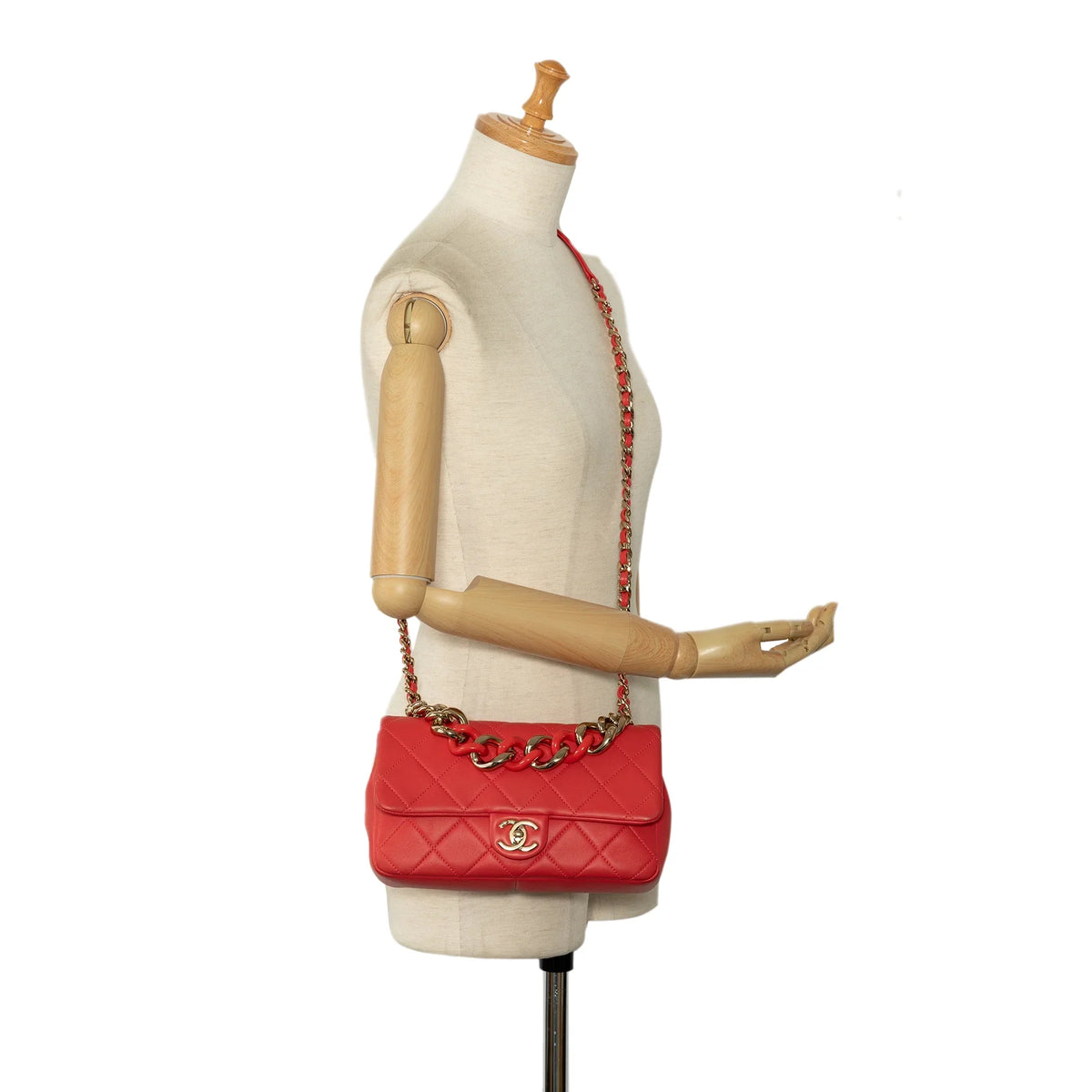 (Good) Chain Small Authenticated Single Unisex Elegant Flap Pre-Owned Satchel Red Lambskin Leather