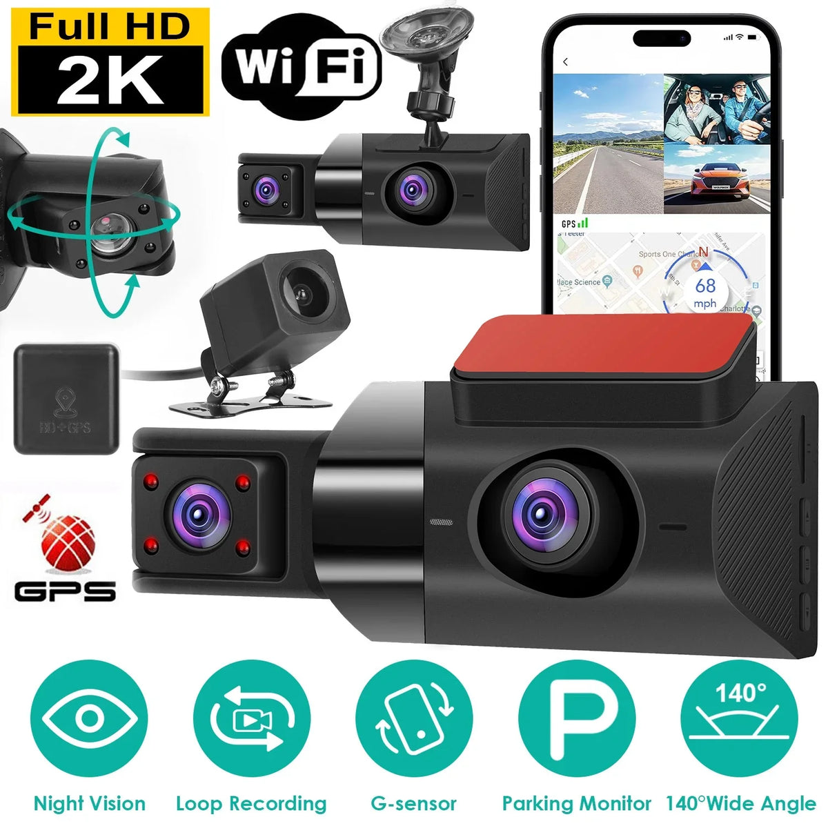 Loop G-Sensor Angle HD Vision Recording Dash DVR Full Car 2K Parking Video Recorder Night GPS Car 140° Dashcam Monitor with iMounTEK Cam