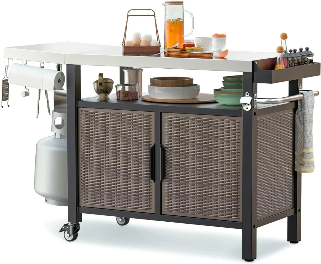 with Cart 53-Inch with Table exterior Wheels for Countertop, Steel Side Dining Indoor Rolling and Worktable SUSIMOND Stainless Island Shelf Storage Cabinet Kitchen XL