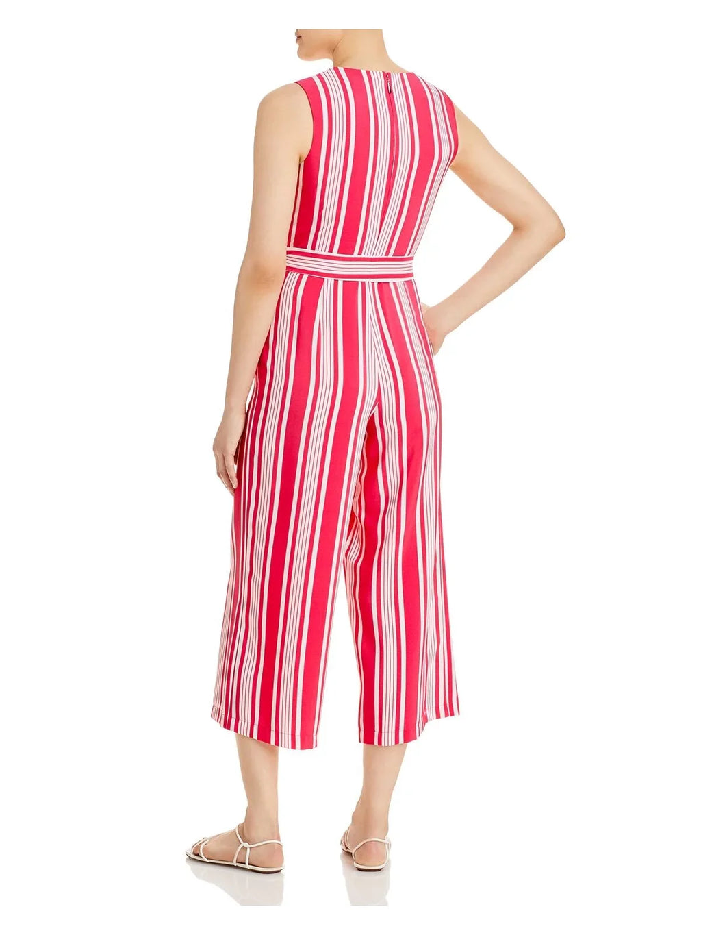 Striped Pocketed To 0 Pink Womens Jumpsuit KARL Sleeveless Work LAGERFELD Tie Leg Sash Wear Surplice Neckline Wide Self Zippered