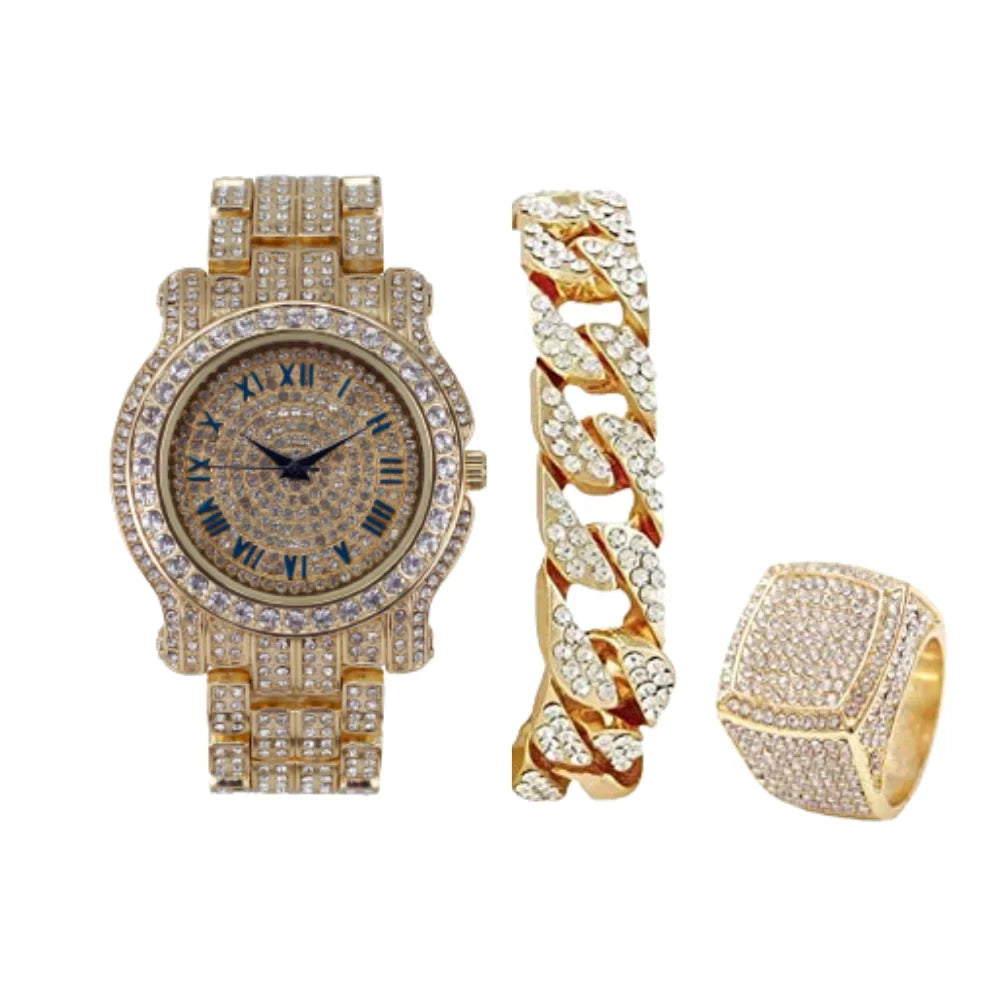 Cuban BR and - Bracelet Set(11,Gold Luxury Ring Out King #Blue) Bling-ed 3pc Set Iced L0504 Out Mens w/Bling-ed Round Watch