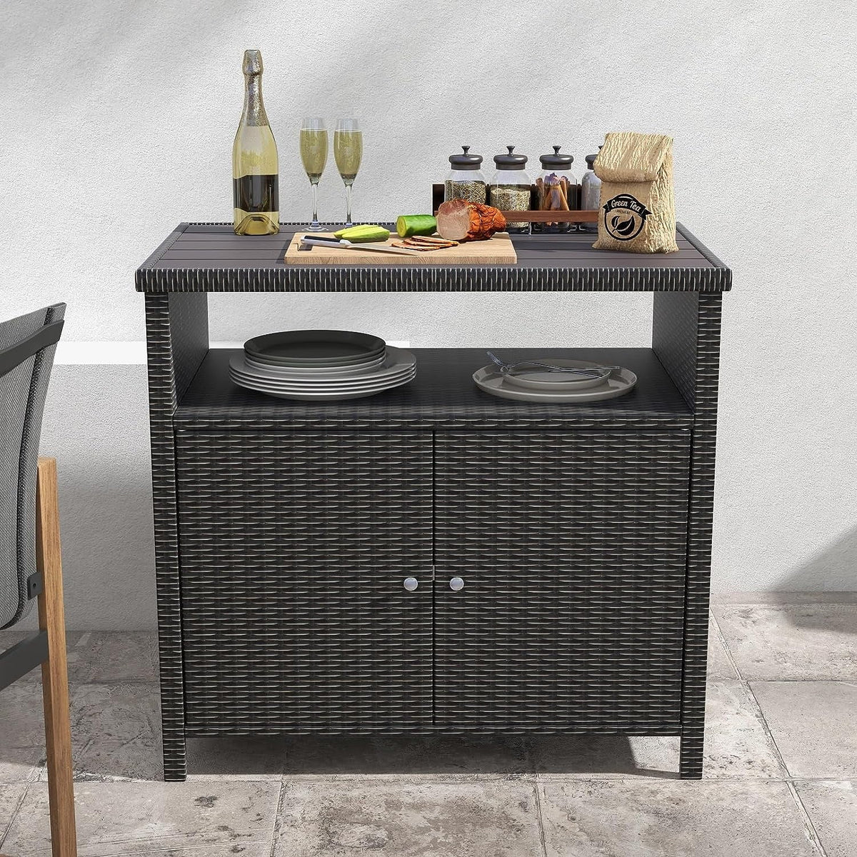 Coated Storage Resin Wicker, Powder Wicker Brown climate Shelf, exterior 2-Door All Dark Cabinet with Steel, Indoor