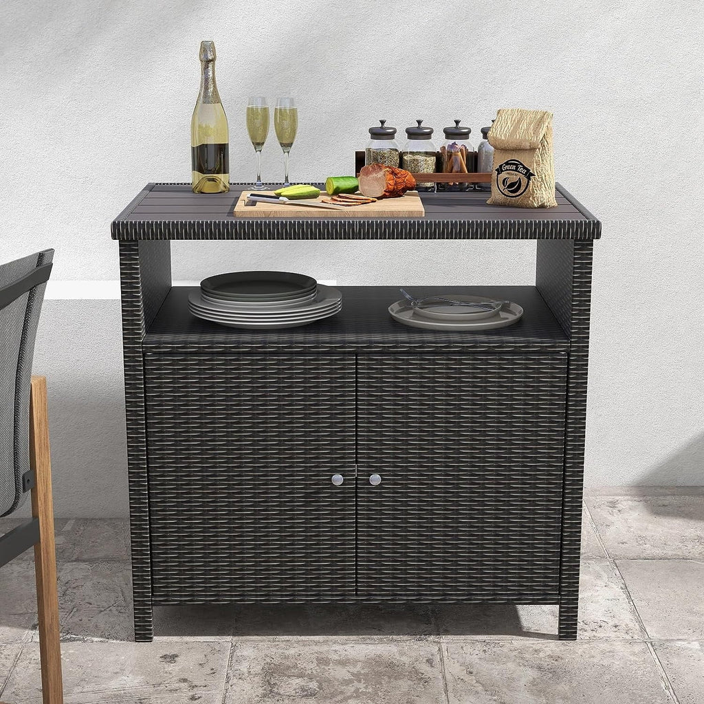 Dark Wicker climate Shelf, Resin Wicker, Brown with Storage Steel, Powder Indoor All Cabinet AUCHI Coated 2-Door exterior